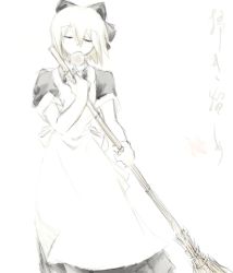 Rule 34 | 1girl, apron, blonde hair, broom, closed eyes, eyebrows, female focus, food, hair ribbon, leaf, lowres, maid, maid apron, mouth hold, muted color, ribbon, short hair, simple background, sketch, solo, sun-3, text focus, translated, white background