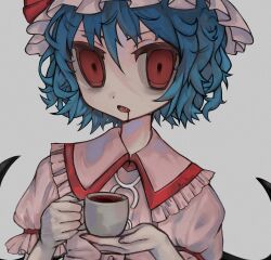 Rule 34 | 1girl, bat wings, blood, blood from mouth, blood on face, blue hair, commentary, cup, dress, fang, frills, grey background, hat, hat ribbon, highres, holding, holding cup, looking at viewer, messy hair, mob cap, open mouth, pink dress, pink hat, puffy short sleeves, puffy sleeves, r (reijibnuy2), red eyes, remilia scarlet, ribbon, ribbon-trimmed sleeves, ribbon trim, short hair, short sleeves, simple background, solo, symbol-only commentary, touhou, upper body, vampire, wings