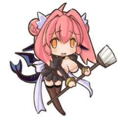 Rule 34 | 1girl, breasts, broom, brown thighhighs, chibi, cleavage, double bun, dragon, dragon girl, hair bun, huge breasts, lowres, maid, monster girl, nefarian, onyxien, orange eyes, personification, pink hair, ribbon, short hair, solo, tail, thighhighs, warcraft, wings, world of warcraft