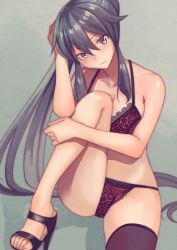 Rule 34 | 10s, 1girl, alternate footwear, bare legs, black footwear, black hair, black thighhighs, blush, bra, breasts, brown eyes, cleavage, closed mouth, collarbone, grey background, hair between eyes, hand on own head, hand on own knee, head tilt, high heels, highres, kantai collection, knee up, lace, lace-trimmed bra, lace trim, large breasts, leg hold, leg up, long hair, looking at viewer, masukuza j, panties, pink bra, pink panties, ponytail, purple bra, purple panties, sandals, shoes, sidelocks, single thighhigh, sitting, skindentation, smile, solo, thighhighs, underwear, underwear only, very long hair, yahagi (kancolle)