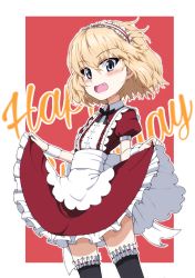 Rule 34 | 1girl, :d, black thighhighs, blonde hair, blue eyes, fang, frilled hairband, frilled thighhighs, frills, girls und panzer, hairband, happy birthday, katyusha (girls und panzer), kayabakoro, looking at viewer, open mouth, short hair, simple background, skirt hold, smile, solo, thighhighs, wrist cuffs