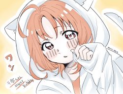 Rule 34 | 1girl, animal hood, animal hoodie, artist name, artist request, blush, braid, breasts, claw pose, close-up, female focus, hood, hood up, hooded jacket, jacket, long sleeves, looking at viewer, love live!, love live! sunshine!!, orange hair, parted lips, red eyes, shirt, short hair, side braid, smile, solo, tail, takami chika, upper body, white jacket