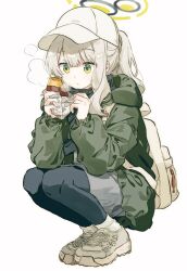 Rule 34 | 1girl, backpack, bag, baseball cap, black pantyhose, blue archive, food, green eyes, green jacket, grey hair, halo, hare (blue archive), hare (camp) (blue archive), hat, highres, holding, holding food, jacket, long hair, long sleeves, migolu, pantyhose, ponytail, roasted sweet potato, shoes, simple background, sneakers, solo, squatting, steam, sweet potato, white background, white hat