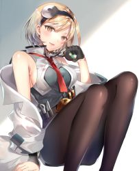 Rule 34 | 1girl, alternate costume, bad id, bad twitter id, bare shoulders, belt, blonde hair, blouse, breasts, brown eyes, coat, commentary request, detached sleeves, djeeta (granblue fantasy), gloves, granblue fantasy, hairband, highres, lab coat, large breasts, necktie, open clothes, open coat, open mouth, pantyhose, scalpel, shirt, short hair, sitting, smile, soraneko hino, stethoscope, two-tone background, utility belt