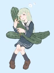 Rule 34 | 1girl, bang dream!, bang dream! it&#039;s mygo!!!!!, black socks, blue background, blue shirt, blue skirt, brown footwear, closed eyes, commentary, cucumber, full body, green hair, hair ornament, hairclip, highres, hugging object, loafers, long hair, oversized food, oversized object, parted lips, school uniform, shirt, shoes, simple background, skirt, socks, solo, symbol-only commentary, tears, tsukinomori school uniform, wakaba mutsumi, yang miemie benti