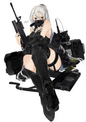Rule 34 | 1girl, aai corporation, airtronic usa, artist name, assault rifle, bare shoulders, black footwear, black jacket, black shirt, boots, breasts, brown eyes, colt&#039;s manufacturing company, colt defense, commission, diemaco, explosive, expressionless, full body, girls&#039; frontline, grenade, grenade launcher, gun, hair between eyes, hair ornament, hairclip, heterochromia, highres, holding, holding gun, holding weapon, jacket, unworn jacket, jewelry, knight&#039;s armament company, lewis machine and tool company, long hair, looking at viewer, m16, m16a1, m203, mask, mechanical arms, mechanical legs, medallion, necklace, off-shoulder shirt, off shoulder, on floor, original, pixiv commission, ponytail, red eyes, rifle, rm equipment, scar, scar across eye, scar on face, shirt, silver hair, single mechanical arm, single mechanical leg, solo, sutekina awa, thighs, u.s. ordnance, underbarrel grenade launcher, weapon, weapon case, white background