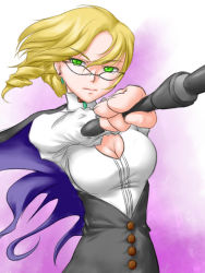 Rule 34 | 1girl, ^jj^, blonde hair, breasts, cleavage, cleavage cutout, clothing cutout, foreshortening, glasses, glynda goodwitch, green eyes, large breasts, rwby, serious, solo, teacher, wand