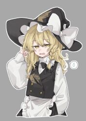 Rule 34 | 1girl, absurdres, apron, black hat, black vest, blonde hair, bow, braid, buttons, chu (yuzumeno), cropped legs, dress, eyes visible through hair, frilled apron, frills, grey background, hair between eyes, hair bow, hand in pocket, hand up, hat, hat bow, highres, kirisame marisa, long hair, long sleeves, looking at viewer, open mouth, outline, puffy long sleeves, puffy sleeves, simple background, single braid, solo, spoken sweatdrop, sweatdrop, touhou, upper body, vest, white apron, white bow, white dress, white outline, witch hat, yellow eyes