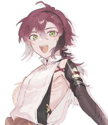 Rule 34 | 1boy, ahoge, brown hair, genshin impact, green eyes, highres, japanese clothes, long hair, looking at viewer, low ponytail, male focus, mole, mole under eye, mtn, multicolored hair, open mouth, red hair, shikanoin heizou, sleeveless, smile, two-tone hair