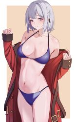 Rule 34 | 1girl, 3 small spiders, absurdres, bikini, blush, border, braid, breasts, brown background, coat, cowboy shot, girls&#039; frontline, grey hair, griffin &amp; kryuger military uniform, groin, halterneck, highres, large breasts, long sleeves, looking at viewer, navel, open clothes, open coat, outside border, purple bikini, purple eyes, red coat, rpk-16 (girls&#039; frontline), short hair, simple background, smile, swimsuit, white border
