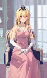 Rule 34 | 1girl, artist name, black hairband, blonde hair, blue eyes, blush, chair, closed mouth, collarbone, crown, dated, dress, gloves, hair between eyes, hairband, highres, himeyamato, indoors, jewelry, kantai collection, long hair, mini crown, necklace, pink dress, signature, sitting, smile, solo, warspite (kancolle), white gloves