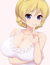 Rule 34 | 10s, 1girl, blonde hair, blue eyes, braid, breasts, cleavage, closed mouth, commentary request, darjeeling (girls und panzer), girls und panzer, index finger raised, kuro mushi, large breasts, looking at viewer, one-piece swimsuit, pink background, short hair, simple background, smile, solo, swimsuit, upper body, white one-piece swimsuit