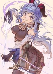 Rule 34 | 1girl, bare shoulders, bell, black pantyhose, blue hair, bow (weapon), breasts, choisd4516, cowbell, cowboy shot, crossbow, detached sleeves, closed eyes, ganyu (genshin impact), genshin impact, gloves, holding, holding weapon, leotard, leotard under clothes, long hair, long sleeves, looking at viewer, medium breasts, pantyhose, purple eyes, smile, solo, weapon