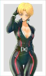Rule 34 | 1girl, anagumasan, blonde hair, blue eyes, bodysuit, breasts, cleavage, gloves, hand in own hair, highres, king (snk), ryuuko no ken, short hair, skin tight, snk, solo, the king of fighters