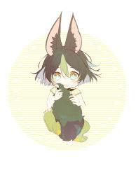 Rule 34 | 1boy, absurdres, aged down, aiwo o lite, animal ear fluff, animal ears, aqua eyes, baby, black hair, blush, commentary, english commentary, fox boy, fox ears, fox tail, full body, genshin impact, green hair, hair between eyes, highres, holding tail, looking at viewer, male focus, multicolored hair, open mouth, short sleeves, signature, simple background, solo, tail, tighnari (genshin impact)