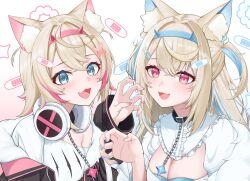 Rule 34 | 2girls, animal ear fluff, animal ears, bandaid, bandaid hair ornament, black collar, black jacket, blonde hair, blue eyes, blue hair, blue hairband, blue nails, breasts, cleavage, cleavage cutout, clothing cutout, collar, commentary, dog ears, fang, fur-trimmed jacket, fur trim, fuwawa abyssgard, fuwawa abyssgard (1st costume), hair intakes, hair ornament, hairband, hand up, headphones, headphones around neck, highres, hololive, hololive english, jacket, large breasts, long sleeves, looking at viewer, mintz912, mococo abyssgard, mococo abyssgard (1st costume), multicolored hair, multiple girls, open mouth, paw pose, pink eyes, pink hair, pink hairband, pink nails, shirt, short hair, siblings, sisters, skin fang, smile, streaked hair, twins, virtual youtuber, white shirt, x hair ornament