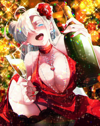 Rule 34 | 1girl, ahoge, alternate costume, antenna hair, bare shoulders, blue eyes, blush, bottle, breasts, champagne flute, cleavage, cup, curvy, double bun, dress, drinking glass, drunk, earrings, flower, garter straps, hair bun, hair over one eye, hair over shoulder, highres, huge breasts, inkspirate, jewelry, leaning forward, long hair, looking at viewer, mole, mole on breast, nail polish, necklace, new year, open mouth, original, pantyhose, pendant, red dress, revealing clothes, rose, saliva, smile, solo, sparkle, thick thighs, thighhighs, thighs, white hair