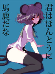 Rule 34 | 1girl, animal ears, bad id, bad pixiv id, female focus, grey hair, jewelry, kuronuko neero, mouse ears, mouse tail, nazrin, panties, pendant, red eyes, short hair, signature, smile, solo, tail, thighhighs, touhou, translated, underwear