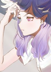Rule 34 | 1girl, blue eyes, commentary, english commentary, fang, fang out, from side, hair behind ear, head wings, heterochromia, highres, holding, holding own hair, junintheday, looking ahead, medium hair, nijisanji, nijisanji en, pointy ears, purple eyes, purple hair, selen tatsuki, shirt, skin fang, solo, virtual youtuber, white shirt, wings