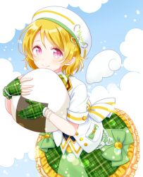 Rule 34 | 1girl, artist name, asymmetrical gloves, beret, blush, bow, bracelet, brooch, brown hair, closed mouth, cloud, curly hair, detached wings, fingerless gloves, food, gloves, green bow, hat, heart, heart brooch, hirako, hugging object, idol, jacket, jewelry, koizumi hanayo, layered skirt, looking at viewer, love live!, love live! school idol festival, onigiri, pearl bracelet, plaid, plaid gloves, plaid skirt, purple eyes, short hair, short sleeves, skirt, smile, solo, stuffed toy, white bow, white hat, white jacket, wings, yellow trim
