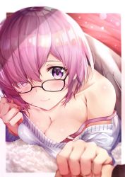 Rule 34 | 1girl, black-framed eyewear, blanket, blurry, blurry foreground, blush, bra strap, breast press, breasts, casual, cleavage, closed mouth, collarbone, depth of field, fate/grand order, fate (series), glasses, hair over one eye, highres, holding hands, lips, looking at viewer, lying, mash kyrielight, md5 mismatch, medium breasts, off-shoulder, off-shoulder sweater, off shoulder, on stomach, pink hair, pov, purple eyes, resolution mismatch, rouka (akatyann), short hair, smile, solo, solo focus, source larger, strap slip, sweater, tareme, under covers, upper body, white sweater
