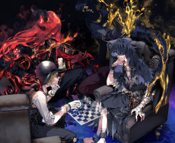 Rule 34 | 0ctter, 4boys, ankle cuffs, antonio (identity v), armchair, bandaged arm, bandages, belt, black eyes, black jacket, black necktie, black pants, black robe, black vest, blonde hair, blue capelet, board game, brown belt, button eyes, buttons, candle, capelet, chair, chess, chess piece, chessboard, collared shirt, colored skin, curled horns, demon, demon horns, eli clark, eye mask, facial hair, feet out of frame, fire, foot out of frame, gloves, glowing, glowing eye, goatee, gold trim, grin, hair over eyes, hand on own chin, hat, helmet, highres, holding, holding instrument, holding violin, hood, hood up, hooded capelet, horns, identity v, instrument, jack (identity v), jacket, liquid hair, male focus, mask, multiple boys, necktie, norton campbell, pants, pinstripe pattern, plunging neckline, pointy ears, prehensile hair, purple pants, red hair, red skin, robe, second-party source, shirt, sitting, smile, stitches, striped clothes, striped pants, tattoo, top hat, torn clothes, transparent, vertical-striped clothes, vertical-striped pants, vest, violin, waistcoat, white gloves, white shirt