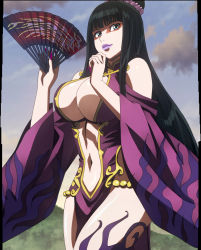 Rule 34 | 10s, 1girl, absurdres, black hair, breasts, cleavage, dress, fuuun ishin dai shogun, highres, houkouin, large breasts, long hair, solo, standing, stitched, tattoo, third-party edit, very long hair