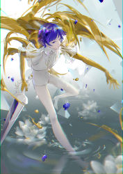 Rule 34 | 1other, absurdres, androgynous, blue eyes, blue hair, chromatic aberration, colored eyelashes, flower, full body, gold, golden arms, heterochromia, high heels, highres, houseki no kuni, lotus, phosphophyllite, phosphophyllite (ll), see-through, shards, short hair, solo, sparkle, spoilers, sword, water, weapon, white eyes