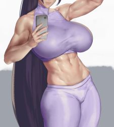 Rule 34 | 1girl, abs, biceps, bra, breasts, cellphone, commentary, eu03, fate/grand order, fate (series), flexing, head out of frame, huge breasts, lips, long hair, midriff, minamoto no raikou (fate), muscular, muscular female, navel, pants, phone, purple bra, purple hair, purple pants, selfie, skin tight, sleeveless, smartphone, solo, sports bra, symbol-only commentary, taking picture, thick thighs, thighs, underwear, very long hair, yoga pants