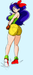 Rule 34 | 1girl, ass, blue hair, boots, bow, breasts, breasts squeezed together, colorfag, colorized, curly hair, dragon ball, drawfag, from behind, gloves, hairband, highres, hip focus, large breasts, long hair, loose socks, lunch (dragon ball), lunch (good) (dragon ball), pea-2, red gloves, shoes, shorts, sneakers, socks, solo, thighs, v arms, wide hips