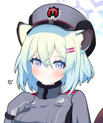 Rule 34 | 1girl, absurdres, animal ear fluff, animal ears, blue archive, blush, breasts, closed mouth, commentary request, gloves, green hair, grey gloves, grey hat, grey jacket, hair between eyes, hair ornament, hairclip, halo, hand up, hat, highres, jacket, looking at viewer, medium breasts, peaked cap, purple eyes, shigure (blue archive), simple background, smile, solo, sprout (haji s), upper body, white background