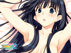 Rule 34 | 1girl, aquaplus, armpits, arms up, black hair, blue eyes, blush, breasts, kusakabe yuuki (to heart 2), long hair, lying, nakamura takeshi, no bra, nude, official art, open mouth, solo, to heart, to heart (series), to heart 2, to heart 2 ad
