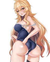 Rule 34 | 1girl, absurdres, adjusting clothes, adjusting swimsuit, ahoge, alternate costume, ass, bare shoulders, blonde hair, blush, breasts, counter:side, edith twins, fang, highres, large breasts, long hair, looking at viewer, looking back, one-piece swimsuit, open mouth, royalmonkey, solo, swimsuit, transparent background, yellow eyes