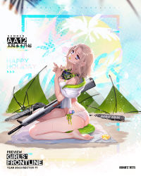 Rule 34 | 1girl, aa-12, aa-12 (girls&#039; frontline), aa-12 (the sun never rises) (girls&#039; frontline), ass, automatic shotgun, bags under eyes, bangle, bare shoulders, beach towel, beach umbrella, bikini, blue eyes, bracelet, breasts, candy, character name, choker, cleavage, clothes writing, combat shotgun, copyright name, crossed legs, damaged, food, full body, girls&#039; frontline, goggles, goggles around neck, groin, gun, hands in hair, head tilt, jewelry, knee pads, logo, lollipop, long hair, looking at viewer, machinery, medium breasts, mouth hold, nail polish, official alternate costume, official art, open mouth, sand, sandals, shield module, shiny skin, shotgun, side-tie bikini bottom, side slit, sidelocks, silver hair, silverwing, sitting, solo, stool, sweat, swimsuit, thighs, towel, umbrella, weapon, yokozuwari