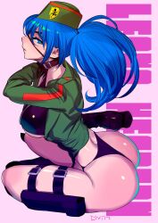 Rule 34 | ass, beret, blue eyes, blue hair, boots, breasts, character name, choker, dytm, eyepatch, green jacket, hat, highres, jacket, large breasts, leona heidern, ponytail, sideboob, signature, sitting, snk heroines: tag team frenzy, soldier, the king of fighters, thong, underboob