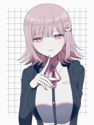 1girl absurdres black_jacket black_shirt breast_pocket breasts brown_hair closed_mouth collared_shirt danganronpa_(series) danganronpa_2:_goodbye_despair dress_shirt galaga hair_ornament hand_up highres jacket large_breasts long_sleeves medium_hair nail_polish nanami_chiaki neck_ribbon open_clothes open_jacket pink_eyes pink_nails pink_ribbon pocket ribbon shirt smile solo su_no_(su_no090) two-tone_shirt white_background white_shirt