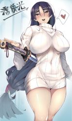 Rule 34 | 1girl, blush, breasts, covered navel, cowboy shot, curvy, covered erect nipples, fate/grand order, fate (series), heart, kamaboko (ossann0125), katana, large breasts, long hair, looking at viewer, low-tied long hair, minamoto no raikou (fate), open mouth, purple eyes, purple hair, ribbed sweater, solo, spoken heart, sweater, sword, thighs, turtleneck, turtleneck sweater, very long hair, weapon, wide hips