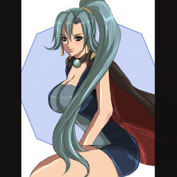 Rule 34 | 1girl, bare arms, black border, blue hair, blush, border, breasts, cape, choker, clair (pokemon), cleavage, creatures (company), earrings, game freak, gem, grey eyes, gym leader, hair between eyes, high ponytail, jewelry, large breasts, light smile, lips, long hair, nintendo, pearl (gemstone), pokemon, pokemon hgss, ponytail, sitting, solo