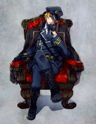 Rule 34 | 1boy, armchair, blonde hair, boots, chair, fate/stay night, fate (series), gilgamesh (fate), gloves, hat, crossed legs, male focus, military, military hat, military uniform, nakagawa waka, red eyes, red upholstery, sitting, solo, uniform, whip