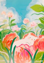 Rule 34 | 1other, animal focus, artist name, blue sky, blush, cat, closed eyes, cloud, cloudy sky, flower, gouache (medium), highres, leaf, minimized, no humans, on flower, open mouth, original, outdoors, painting (medium), pink flower, procreate (medium), red flower, sky, sleeping, titsay, traditional media