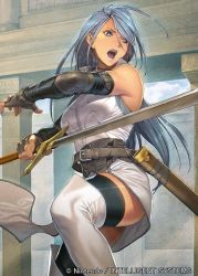 Rule 34 | 1girl, blue hair, boots, copyright name, fingerless gloves, fire emblem, fire emblem: radiant dawn, fire emblem cipher, gloves, homare (fool&#039;s art), long hair, lucia (fire emblem), nintendo, official art, open mouth, solo, sword, teeth, thigh boots, thighhighs, weapon, white footwear, white thighhighs
