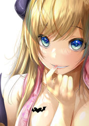 1girl bat_tattoo blonde_hair blouse blue_eyes breast_tattoo breasts demon_girl demon_horns demon_wings finger_to_mouth frilled_shirt frills fumihiko_(fu_mihi_ko) highres hololive horns large_breasts long_hair looking_at_viewer nail_polish parted_lips pink_nails pink_shirt shirt simple_background smile solo tattoo virtual_youtuber white_background winged_heart wings yuzuki_choco yuzuki_choco_(1st_costume)