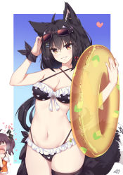 Rule 34 | 2girls, :d, ahoge, animal ear fluff, animal ears, arm up, bare arms, bare shoulders, bikini, black bikini, black hair, blush, breasts, brown eyes, brown hair, cat hair ornament, cleavage, collarbone, criss-cross halter, drooling, ear piercing, eyewear on head, fingernails, fox ears, fox tail, green innertube, grin, hair between eyes, hair ornament, halterneck, head tilt, heart, heavy breathing, highres, hololive, innertube, jacket, looking at viewer, multiple girls, natsuiro matsuri, navel, neps-l, nose blush, one side up, open mouth, orange jacket, piercing, shirakami fubuki, small breasts, smile, solo focus, sunglasses, swim ring, swimsuit, tail, tongue, tongue out, virtual youtuber, wolf ears, wolf girl, wolf tail