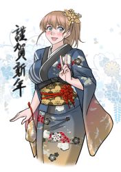 Rule 34 | 1girl, absurdres, alternate costume, bag, blue eyes, blue kimono, breasts, brown hair, commentary request, cowboy shot, floral background, floral print, highres, intrepid (kancolle), japanese clothes, kantai collection, kimono, large breasts, looking at viewer, new year, obi, ponytail, sash, satchel, short hair, smile, solo, sozan, v