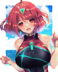 Rule 34 | 1girl, black one-piece swimsuit, breasts, chest jewel, competition swimsuit, covered collarbone, gem, headpiece, highres, large breasts, misosio uma, one-piece swimsuit, pyra (pro swimmer) (xenoblade), pyra (xenoblade), red eyes, red hair, red one-piece swimsuit, ribbed swimsuit, short hair, solo, strapless, strapless one-piece swimsuit, striped clothes, striped one-piece swimsuit, swept bangs, swimsuit, tiara, two-tone swimsuit, vertical-striped clothes, vertical-striped one-piece swimsuit, xenoblade chronicles (series), xenoblade chronicles 2