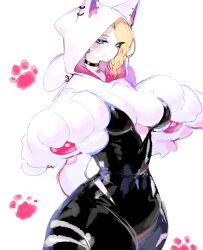 Rule 34 | 1girl, alternate costume, animal costume, animal ears, animal hood, black choker, blonde hair, bodysuit, cat costume, cat ears, cat hood, choker, commentary, cowboy shot, english commentary, hair over one eye, highres, hood, hooded bodysuit, marvel, paw print, simple background, solo, spider-gwen, spider-man: across the spider-verse, spider-man: into the spider-verse, spider-man (series), spider-verse, superhero costume, thick thighs, thighs, usa37107692, white background