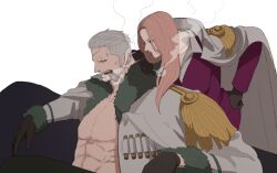 1boy 1girl abs bare_pectorals brown_gloves cigarette coat coat_on_shoulders commentary_request epaulettes formal_clothes fur-trimmed_jacket fur_trim gloves hand_on_own_hip hina_(one_piece) holding holding_cigarette jacket long_hair looking_at_another obaba06 one_piece pectorals pink_hair short_hair sideburns sitting smoke smoker_(one_piece) stitched_face stitches suit undercut white_coat white_hair