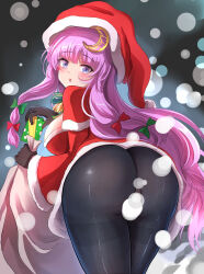 Rule 34 | 1girl, ass, blunt bangs, christmas, convenient censoring, crescent, crescent hat ornament, gift, green ribbon, hat, hat ornament, highres, long hair, looking at viewer, looking back, merry christmas, namiki (remiter00), pantyhose, patchouli knowledge, purple eyes, purple hair, red ribbon, ribbon, sack, santa costume, santa hat, snow, touhou, very long hair