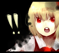 Rule 34 | !, !!, 1girl, a-o-i, bad id, bad pixiv id, blonde hair, darkness, embodiment of scarlet devil, female focus, hair ribbon, open mouth, red eyes, ribbon, rumia, short hair, solo, touhou