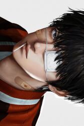 Rule 34 | 1boy, bandaid, bandaid on cheek, bandaid on face, bandaid on neck, bishounen, black eyes, black hair, candy, closed mouth, eyepatch, food, food in mouth, grey background, highres, jacket, kimonggun, lollipop, looking to the side, male focus, medical eyepatch, one eye covered, portrait, rukawa kaede, short hair, slam dunk (series), solo, toned, toned male